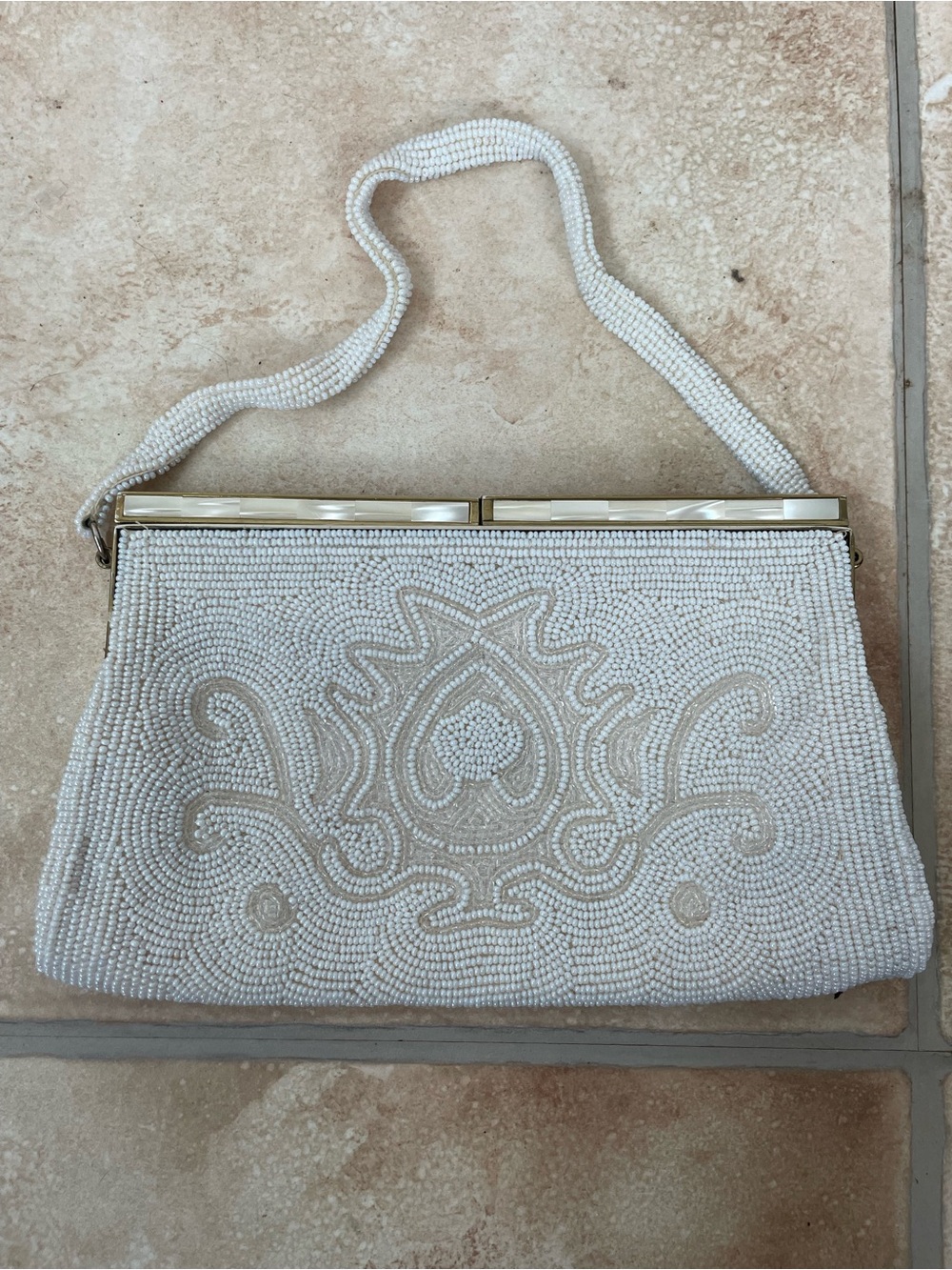 VINTAGE DeLill White Beaded Handbag Purse Formal Wedding Evening Bag Lily Japan